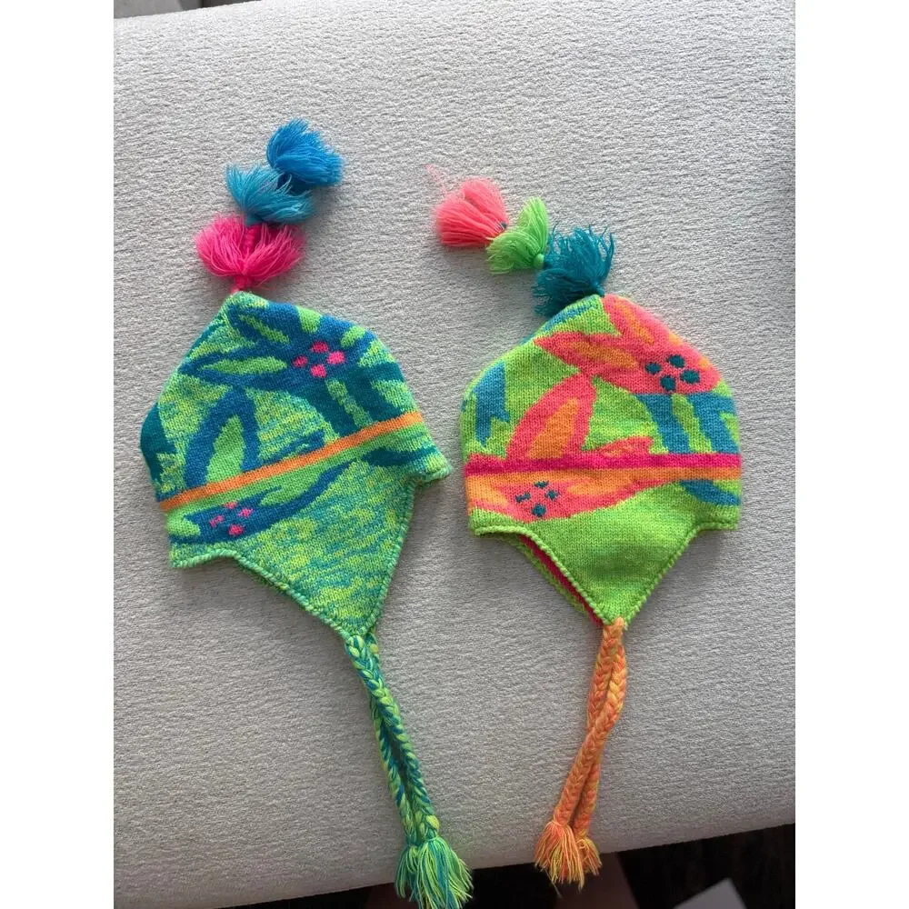 VTG 80s Obermeyer Kids Trapper Hat Beanies Neon Earflap Hat Tassle Preschool (2)